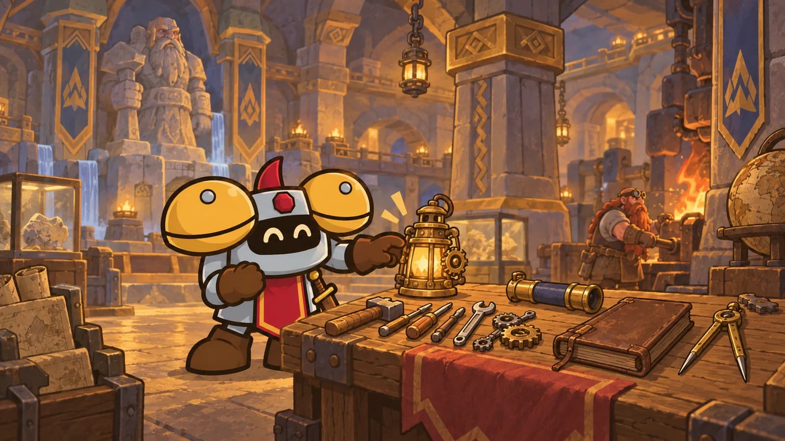Dee the knight at a dwarven workbench in Ironforge, choosing a brass lantern among tinker's tools while a dwarf works the forge behind him.