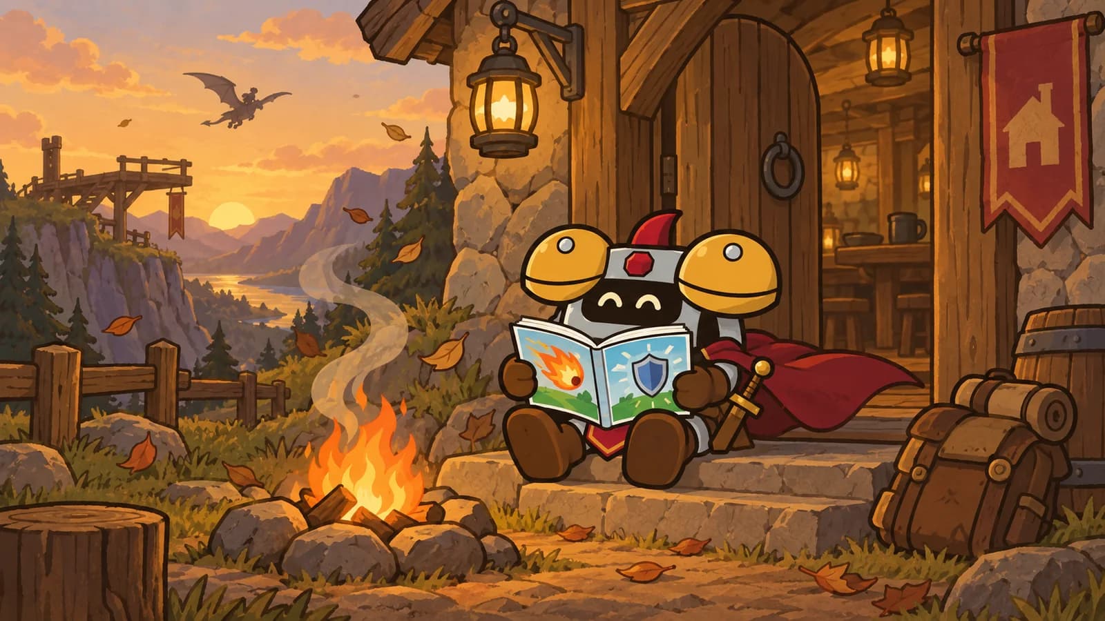 Dee reads a talent book by a campfire outside a wayside inn, with a flight tower and a flying wyvern across the valley.