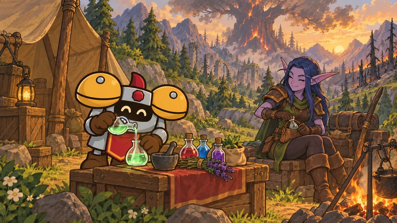 Dee brews a glowing potion at a camp alchemy table below Mount Hyjal's ash-grey slopes, herbs and corked flasks beside a campfire.