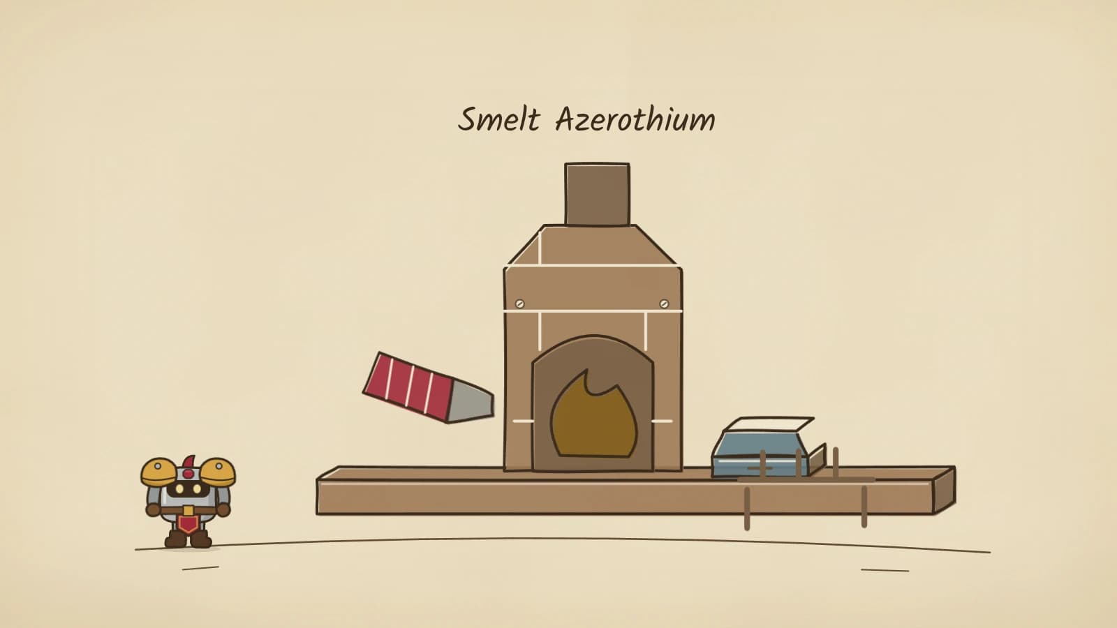 Hand-inked illustration of a squared stone forge with a flame in its arch and red bellows at its side, a blue metal bar sliding onto a rack after two ore crystals and a coal lump have gone in.