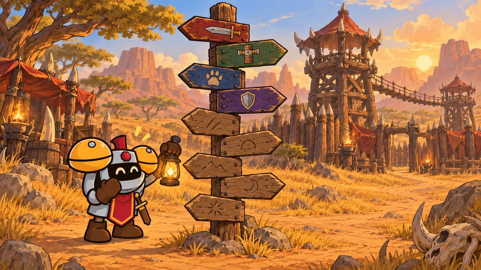 Dee holding a lantern up to a nine-armed signpost at The Crossroads, four arms freshly carved, five still rough wood.