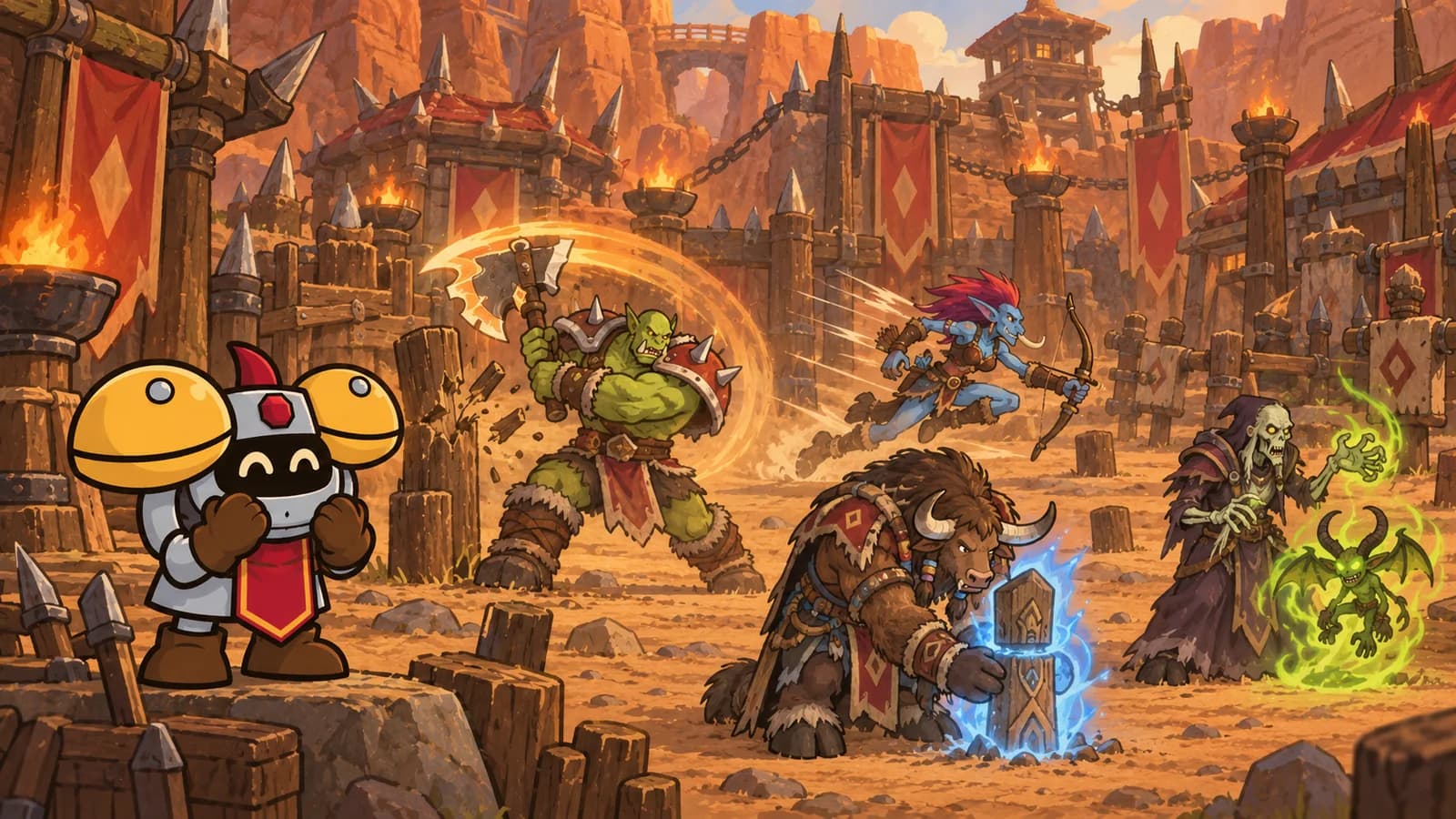 Dee watches an orc warrior, troll hunter, tauren shaman, and undead warlock train in Orgrimmar's Valley of Strength.