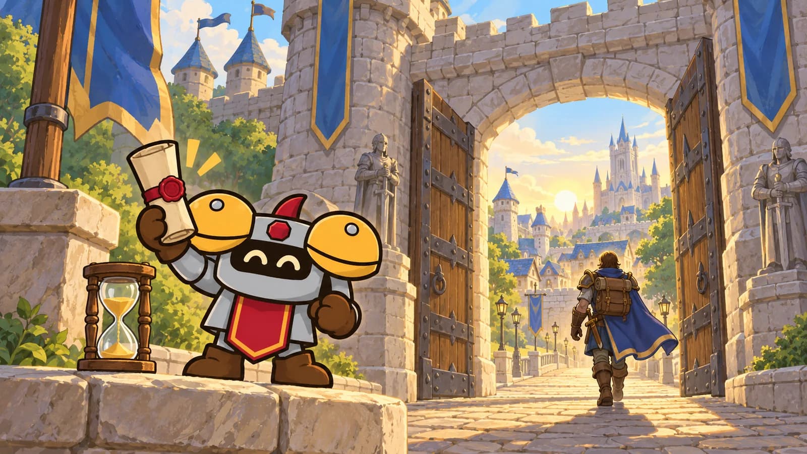 Dee holds a sealed invitation scroll at Stormwind's open gate as a Skyborne adventurer walks in, an hourglass draining sand beside him.