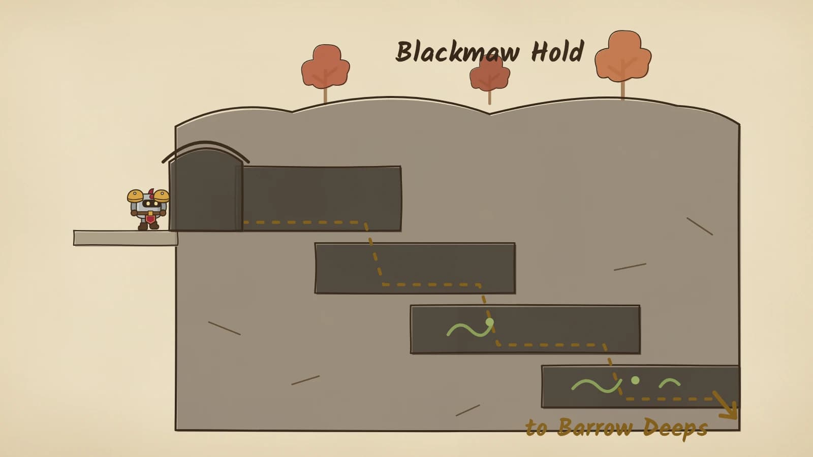 A cutaway of a mountainside in Azshara: Dee stands at an opened stone gate, and behind it furbolg halls drop away in tiers to a lowest tunnel with an arrow pointing further down to Barrow Deeps.