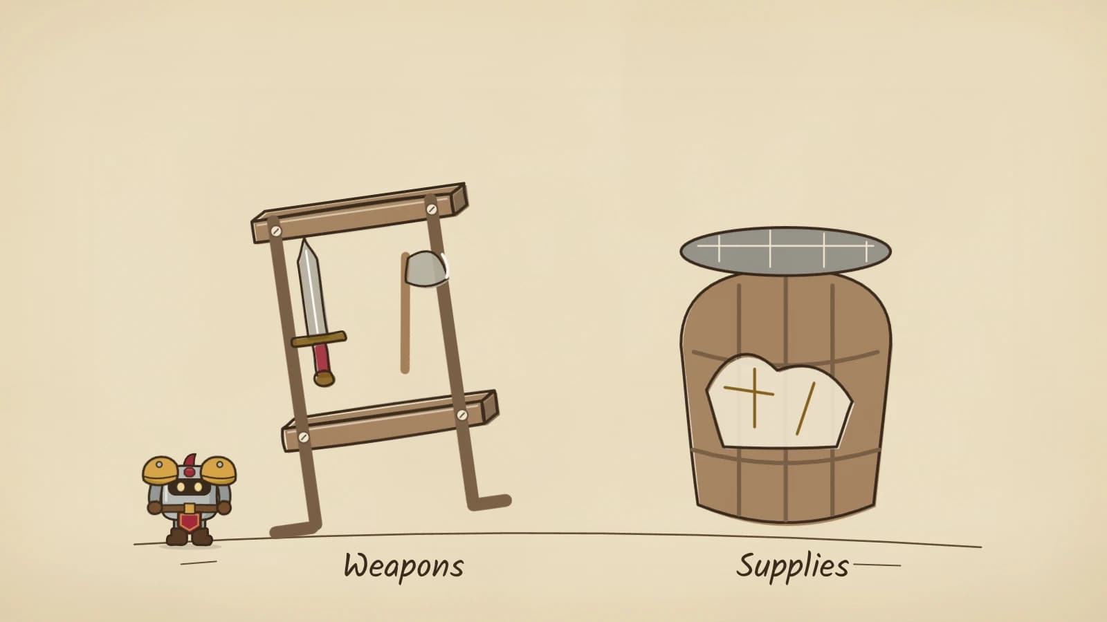 Hand-inked illustration of a wooden weapon rack holding a sword and an axe, tilted aside above the label Weapons, beside a large barrel labelled Supplies whose metal lid has lifted to show a pale bundle inside.