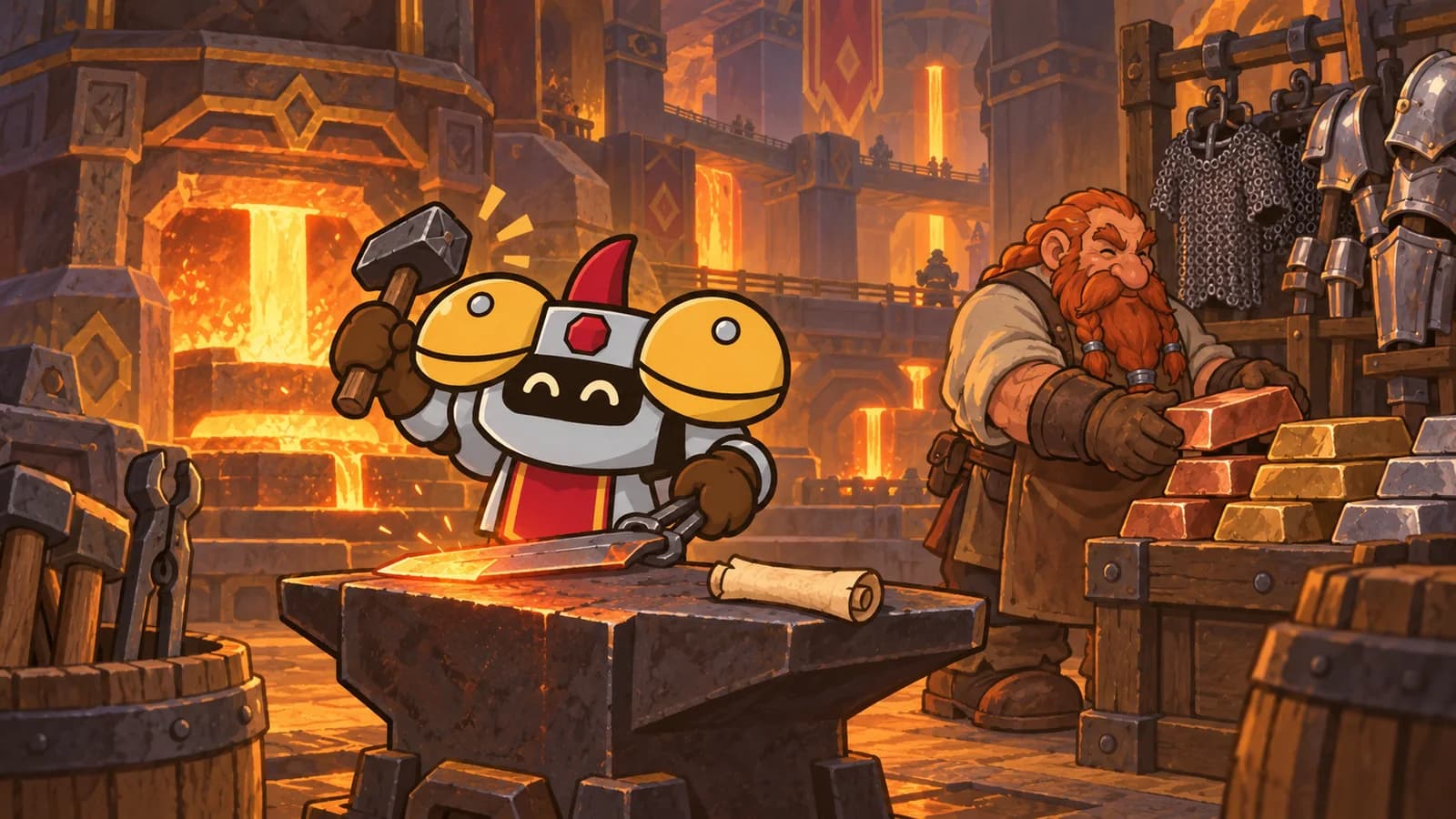 Dee hammering a blade at a glowing anvil in Ironforge's Great Forge, a dwarf blacksmith stacking metal bars, a rolled writ on the anvil.