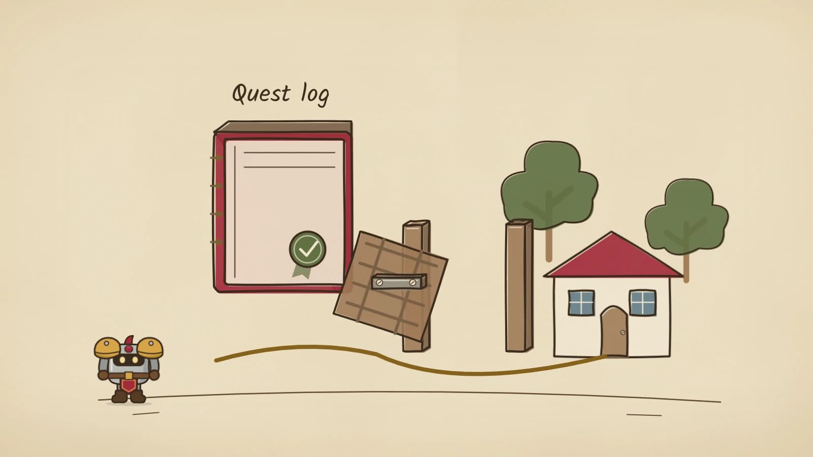 Hand-inked illustration of a quest log stamped with a green check seal, an orchard gate swung open between its posts, and a gold path running past it to a farmhouse between two trees, with Dee at the start of the path.