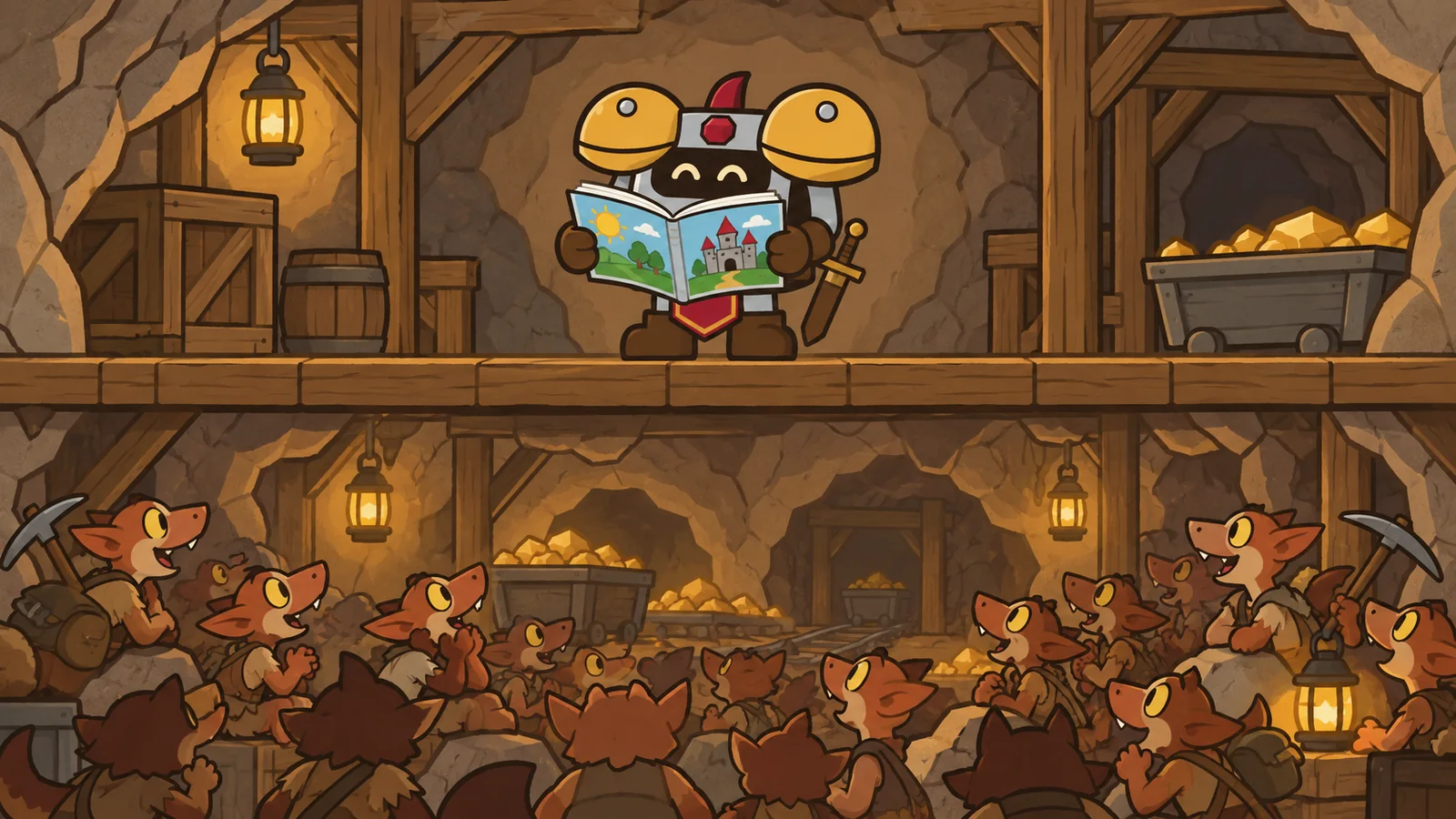 Dee stands on a wooden platform in the upper level of a kobold mine, reading a picture book, while kobolds fill the lower tunnel below.