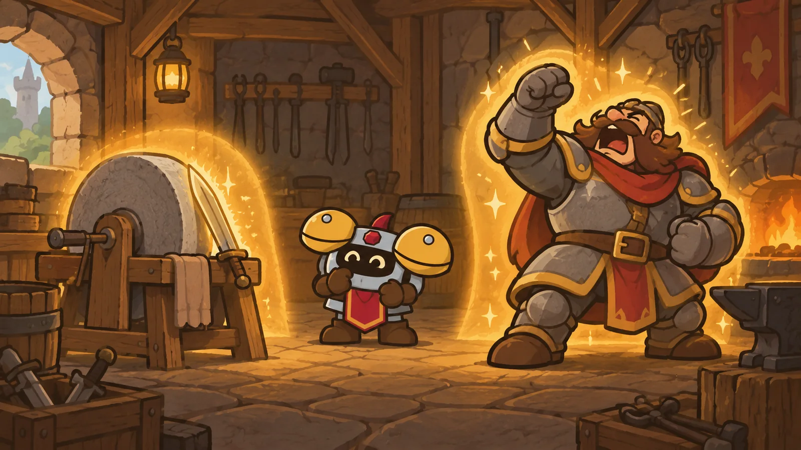 Dee between a sharpening wheel and a paladin mid-blessing, illustrating Blizzard's preview wording for the wheel's disputed buff.