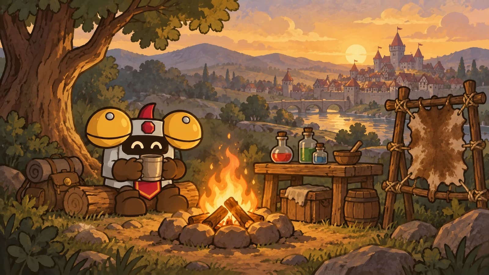 Dee sits by a campfire near a camp alchemy table with potion bottles and a hide stretched on a tanning rack, a walled town across a river at sunset.