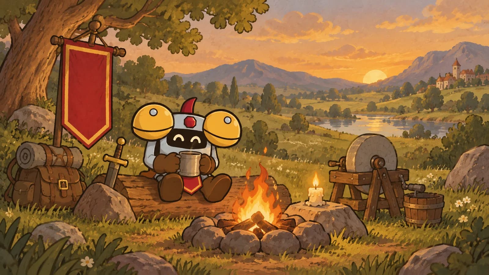 Dee sitting by a campfire in a meadow at sunset, with a sharpening wheel, a hanging banner, and a lit candle set around the stones.