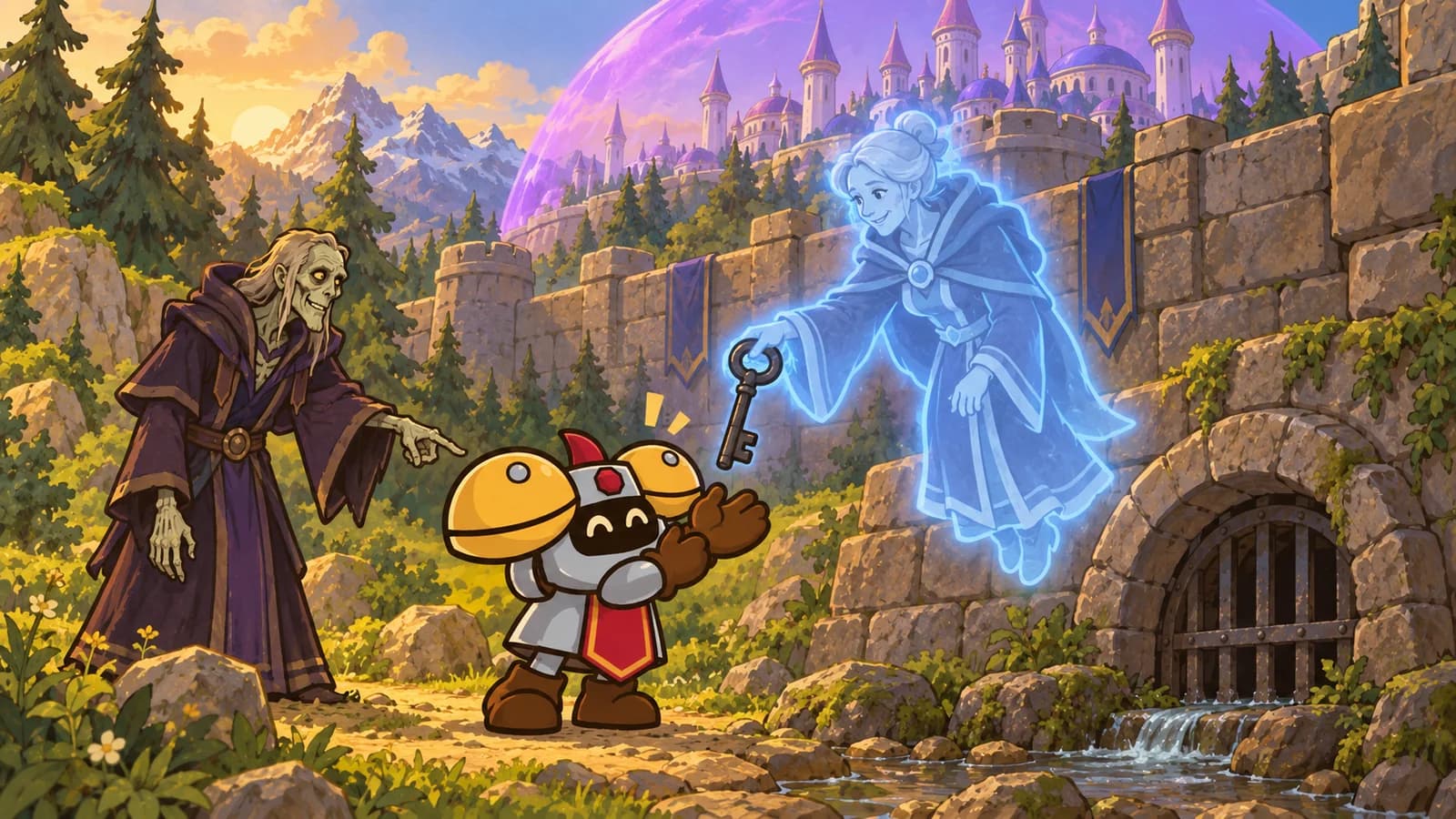 Dee reaching for an iron key held out by the glowing blue image of Archmage Modera, a Forsaken mage pointing to a sewer grate under Dalaran's violet barrier.