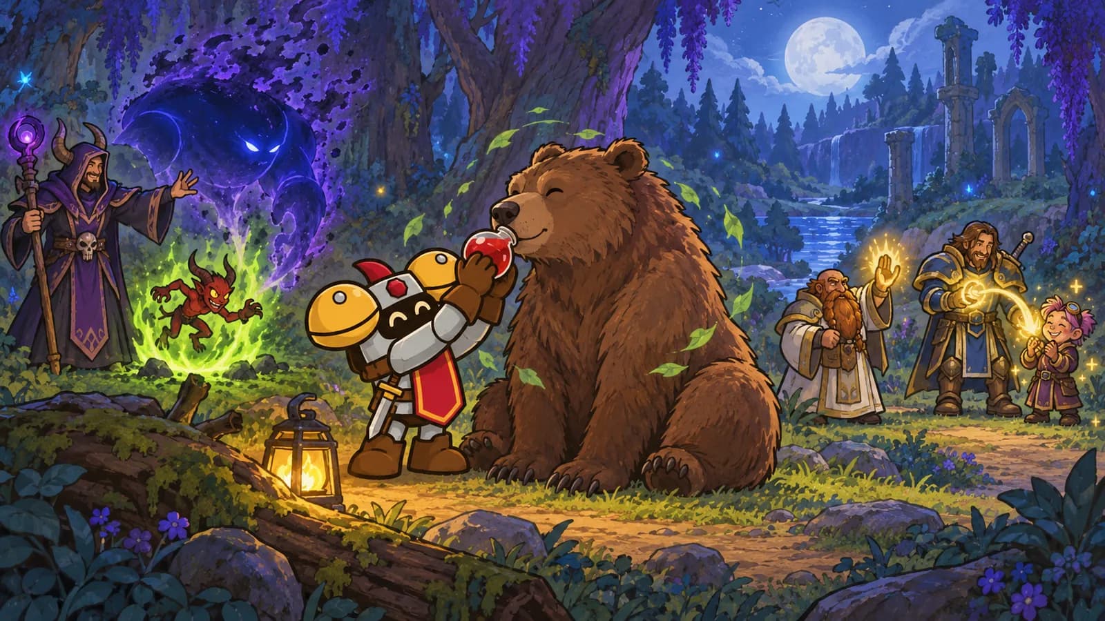 Dee holding a red potion up to a druid in Bear Form in a moonlit Ashenvale clearing, while a warlock's Voidwalker fades as an Imp arrives and a dwarf priest's light jumps between two allies.