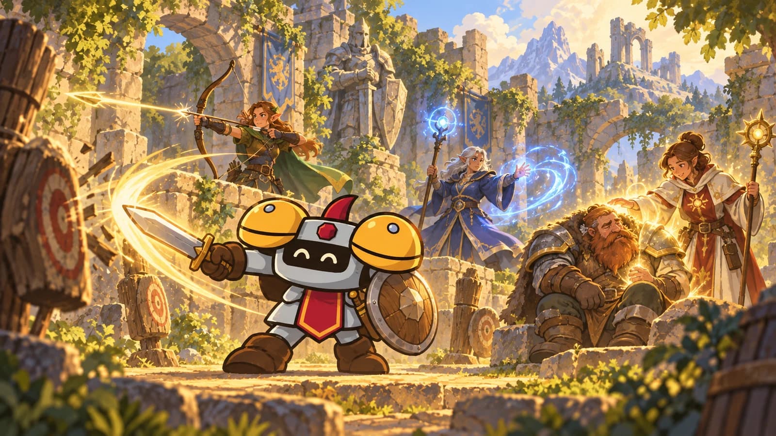 Dee swings a sword beside an archer and a spellcaster in a sunlit ruined courtyard while a healer tends an injured dwarf, showing attacks alongside group utility.