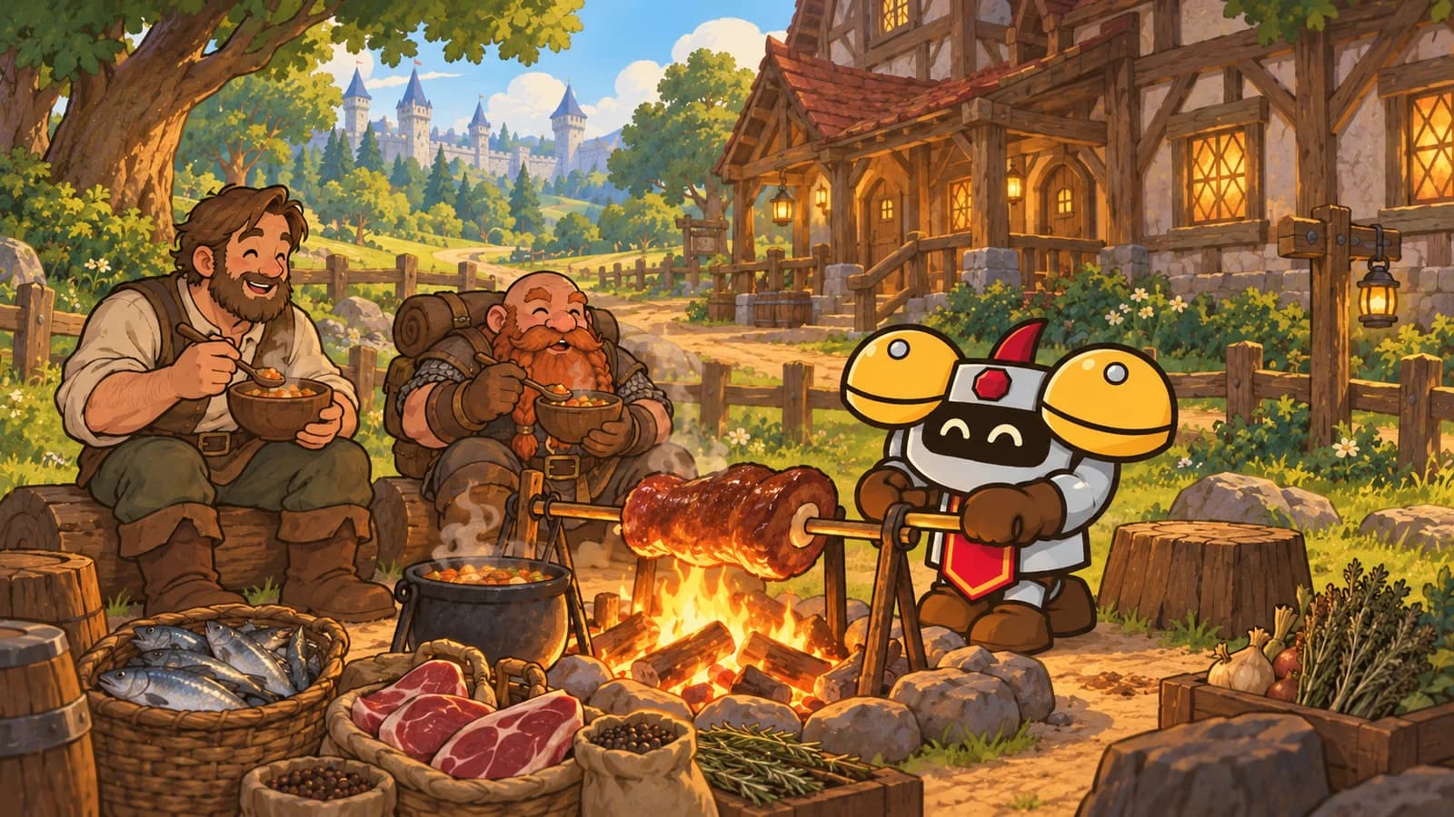 Dee cooks over a campfire outside the Goldshire inn while a human and a dwarf eat from bowls, with fish and spices stacked nearby.