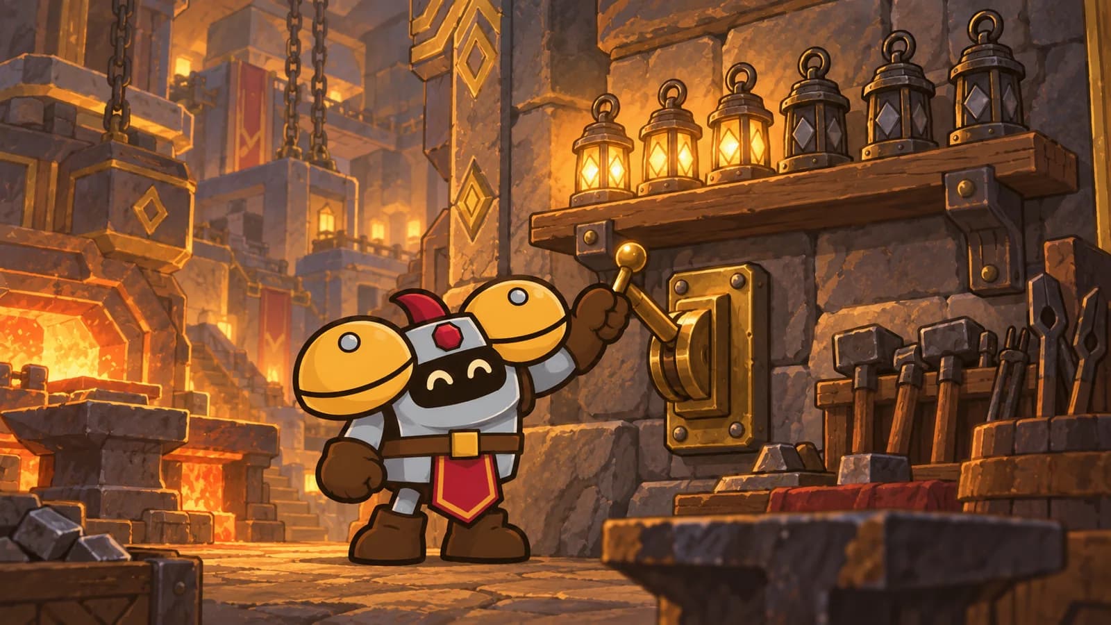 Dee pulling a brass lever in an Ironforge workshop under a shelf of rune-lanterns, some glowing, some dark.
