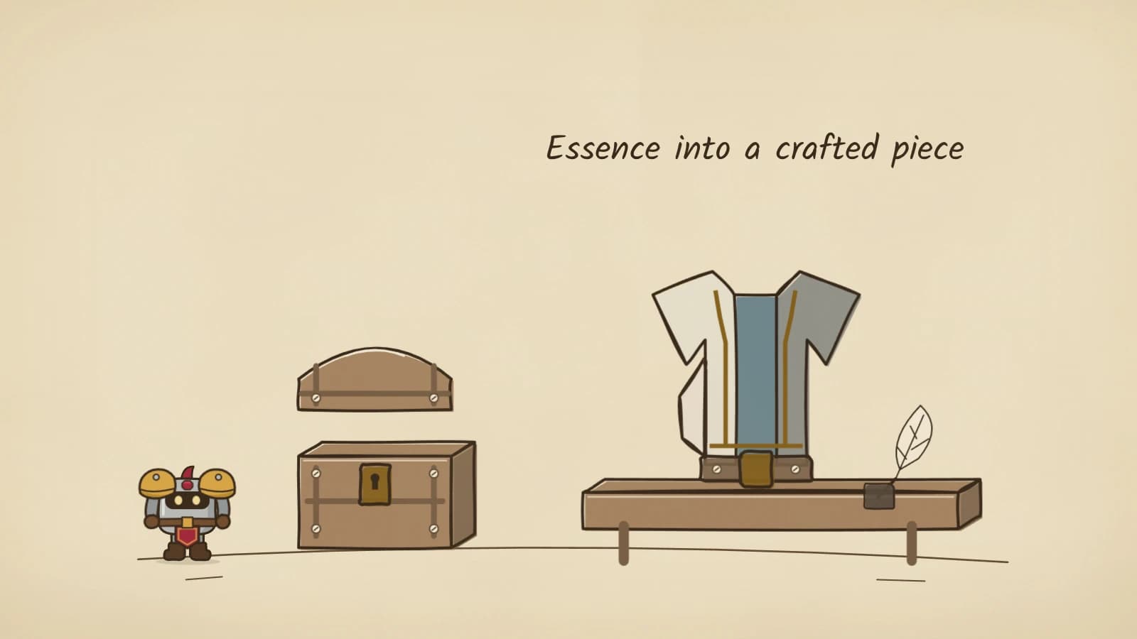 Hand-inked illustration of a loot chest with its lid lifted, a workbench holding a three-panel tunic-shaped armour piece with gold stitching and one buckled clasp, and a quill and ink at the bench's end.