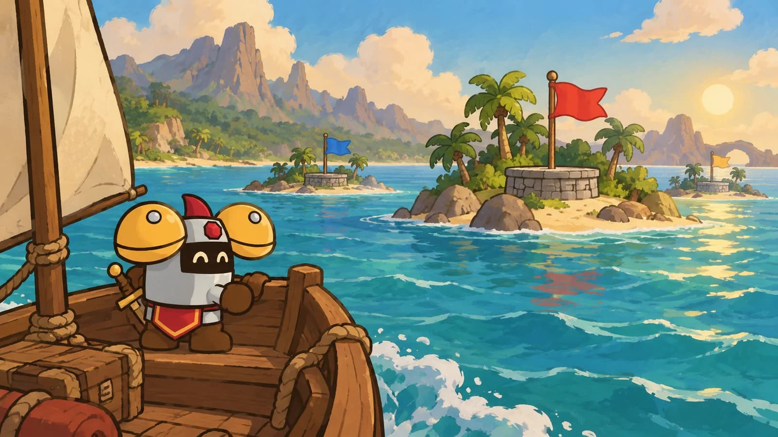 Dee on a small ship nearing tropical islands off Kalimdor, each with a stone platform and a colored flag.