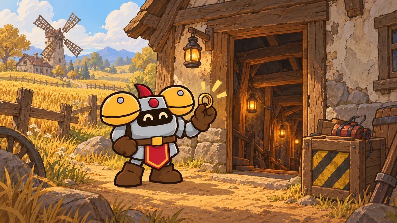 Dee the knight beside a lantern-lit doorway in a Moonbrook house in Westfall, holding a gold ring, windmills and farmland behind.