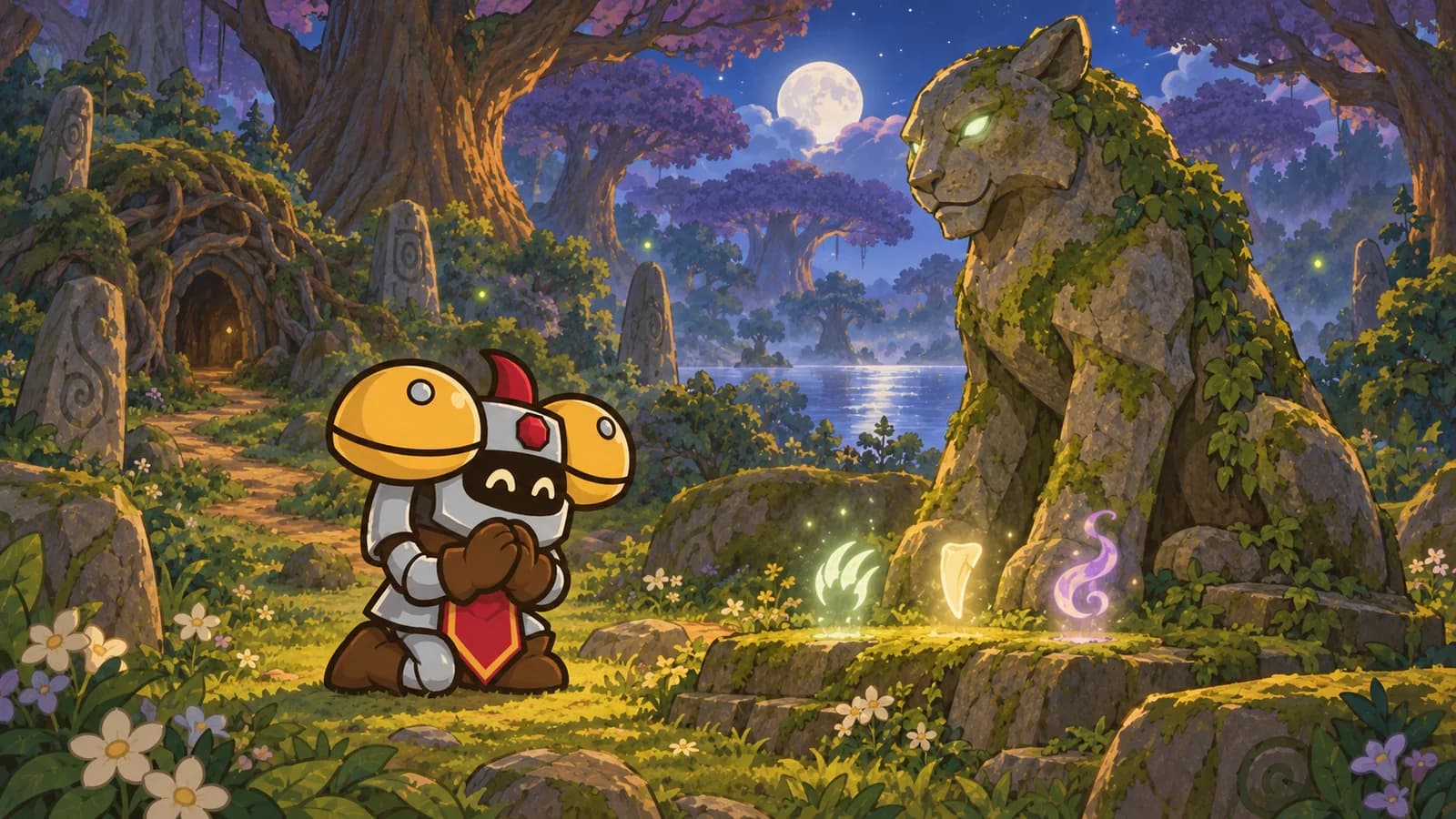 Dee kneeling before a glowing spectral cat spirit in a moonlit Moonglade grove, three small relic lights at its paws, a dark path beyond.