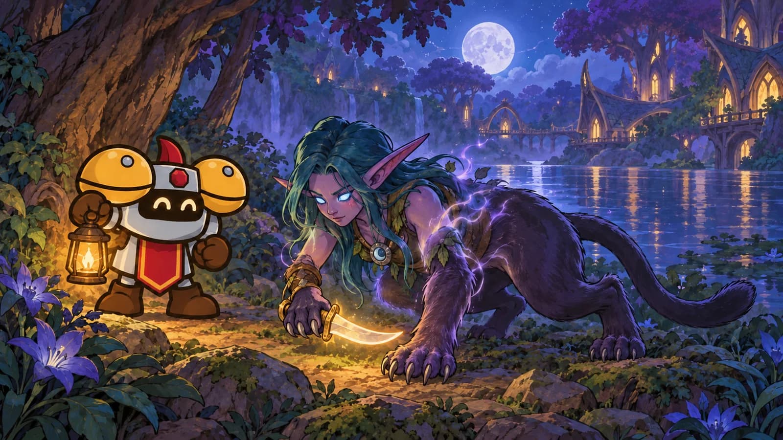 A night elf druid mid-shift from elf to cat form beside Moonglade's lake at night, weapon glow unbroken on the claws, Dee watching with a lantern.