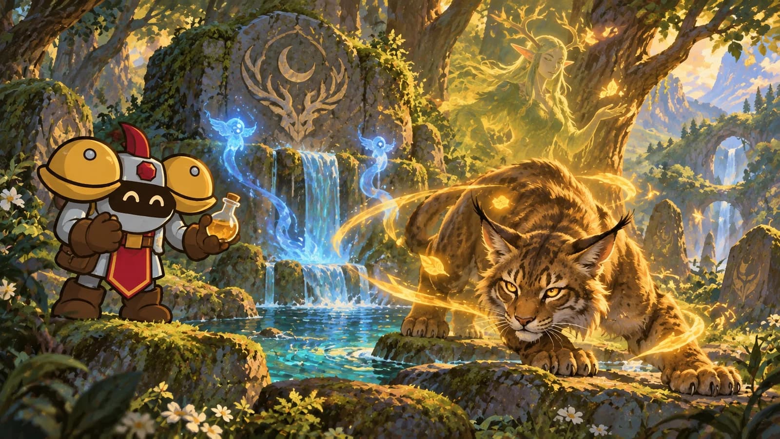 A druid in Cat Form beside a blue mana spring, with golden energy rising around its paws and Dee watching from the woodland path.