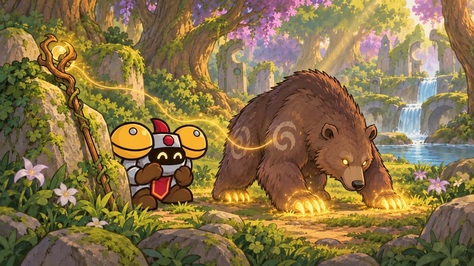 A Night Elf druid, shifted into a real bear with glowing claws, stands near her staff leaning against a mossy stone in Moonglade while Dee watches.