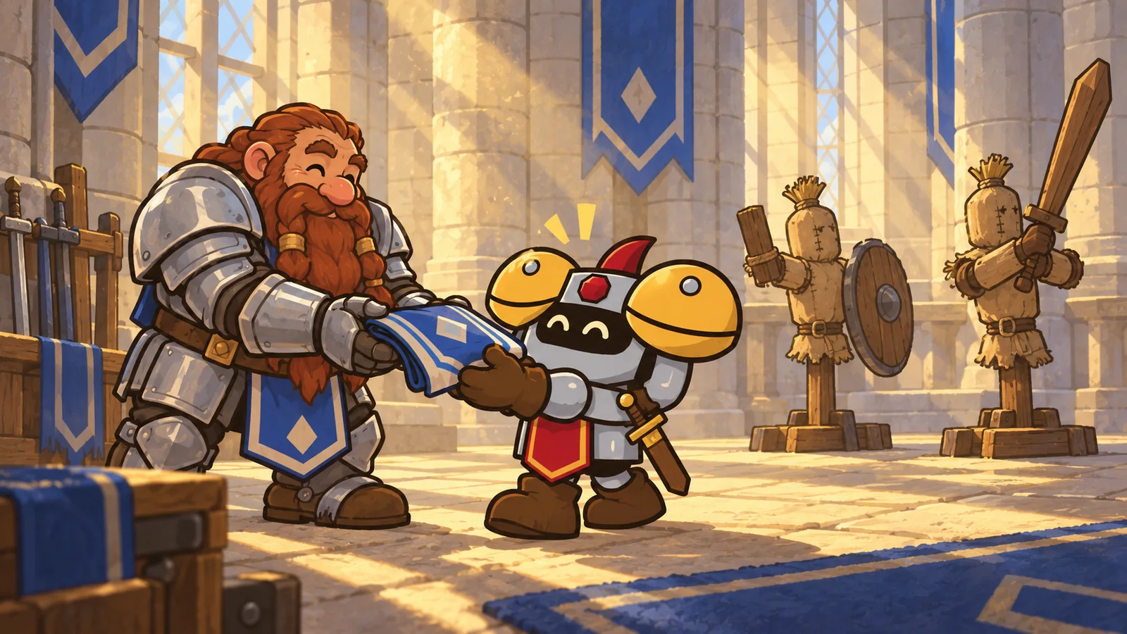 Dee the knight receives a tabard from a dwarf class trainer in Stormwind Keep, with two practice dummies in different stances behind them.