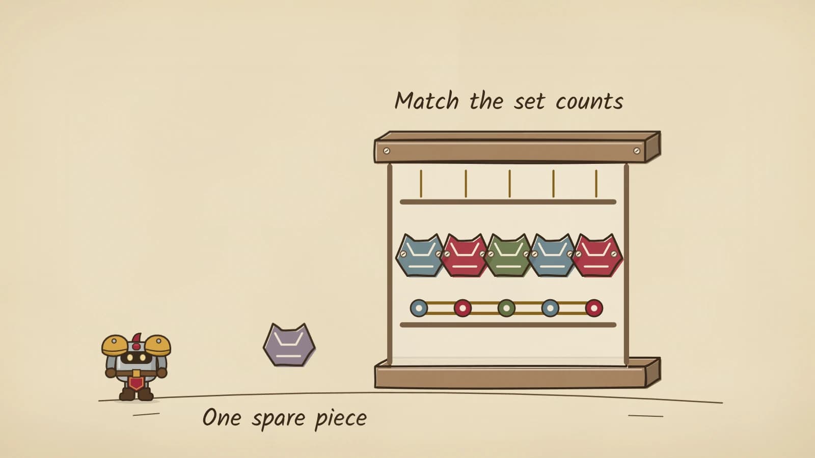 Hand-inked illustration of an open wooden rack holding five chest pieces in blue, red and green with a matching row of coloured clasps on a gold rail below, and a single violet piece on the ground labelled One spare piece.
