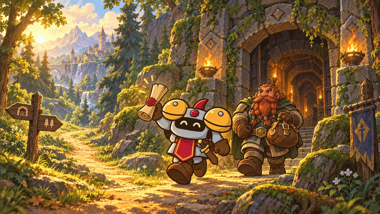 Dee beside a completed quest scroll and a stone dungeon entrance, with a returning path around the entrance and another road continuing into the forest.
