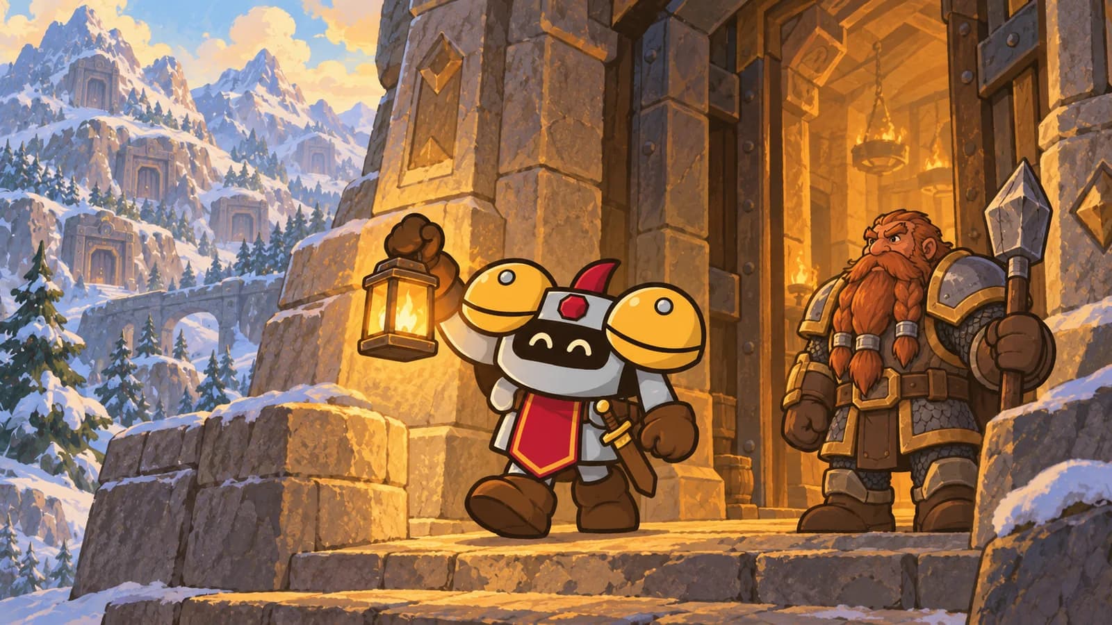 Dee the knight holds a lantern at a stone dwarven archway beneath Ironforge's mountains, with faint dungeon outlines in the distance.