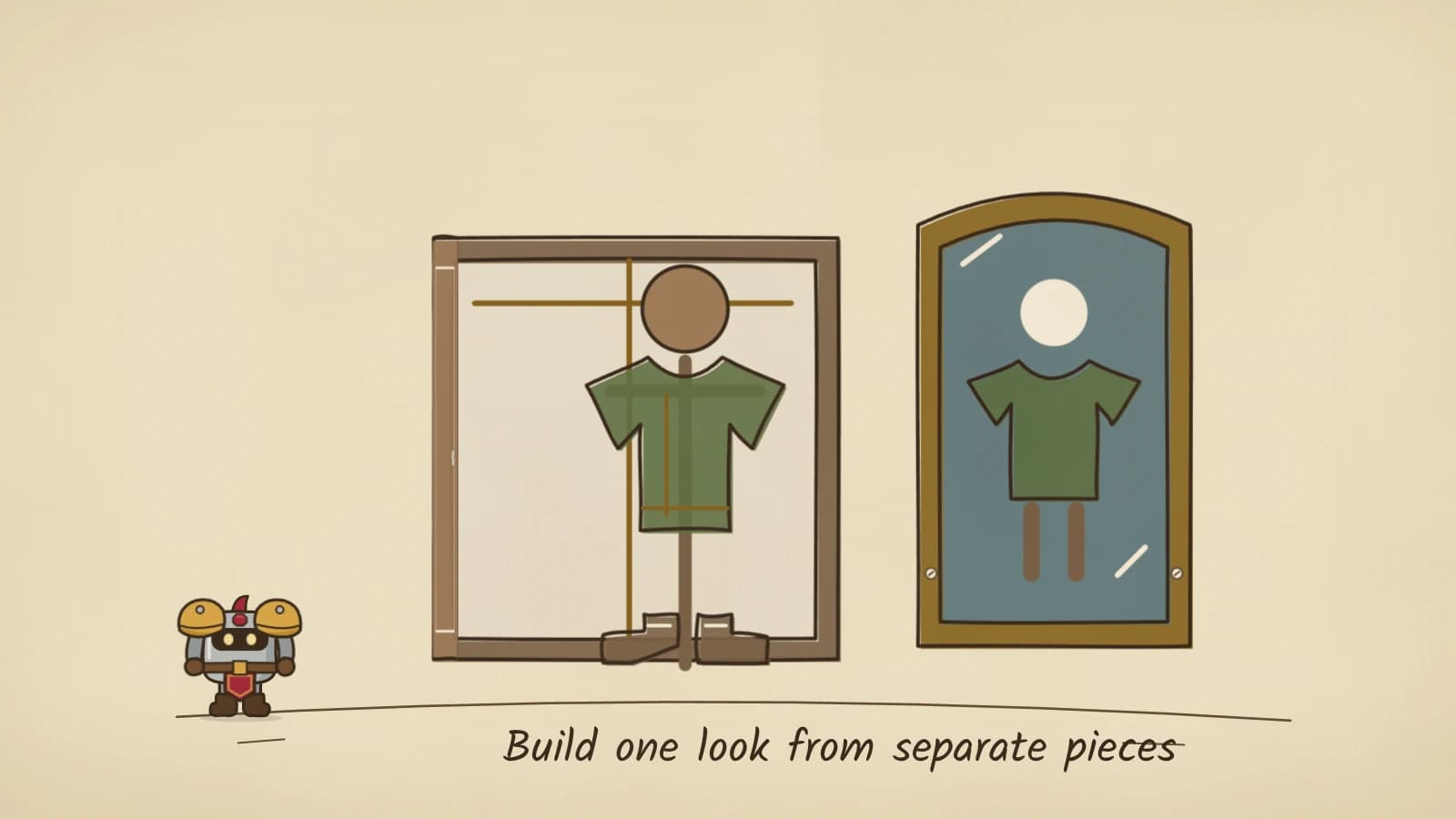 Hand-inked illustration of a wooden mannequin in a green tunic and brown boots standing in front of an open wardrobe, with an arched standing mirror reflecting the look.