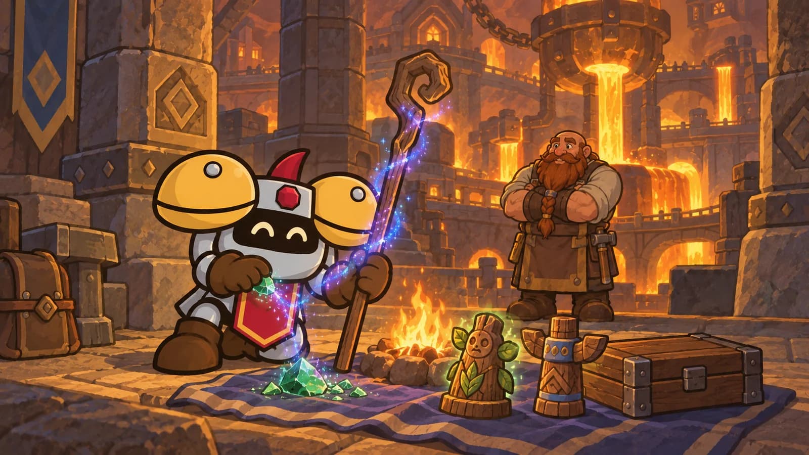 Dee enchants a staff by a campfire outside Ironforge's Great Forge, with an idol, totem and closed wand case nearby and a dwarf vendor in the background.
