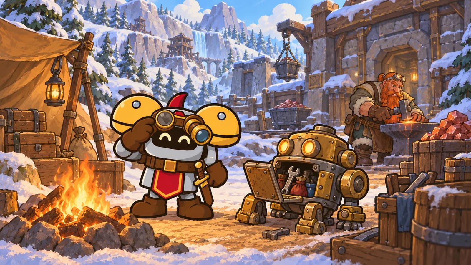 Dee wears engineer's goggles beside a campfire and a small Repair Bot in snowy Dun Morogh.