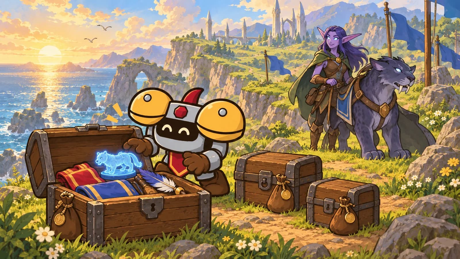 Dee on Zephras Isle beside three travel chests of coins, a Skyborne elf and a glowing mount figurine in the open middle chest.