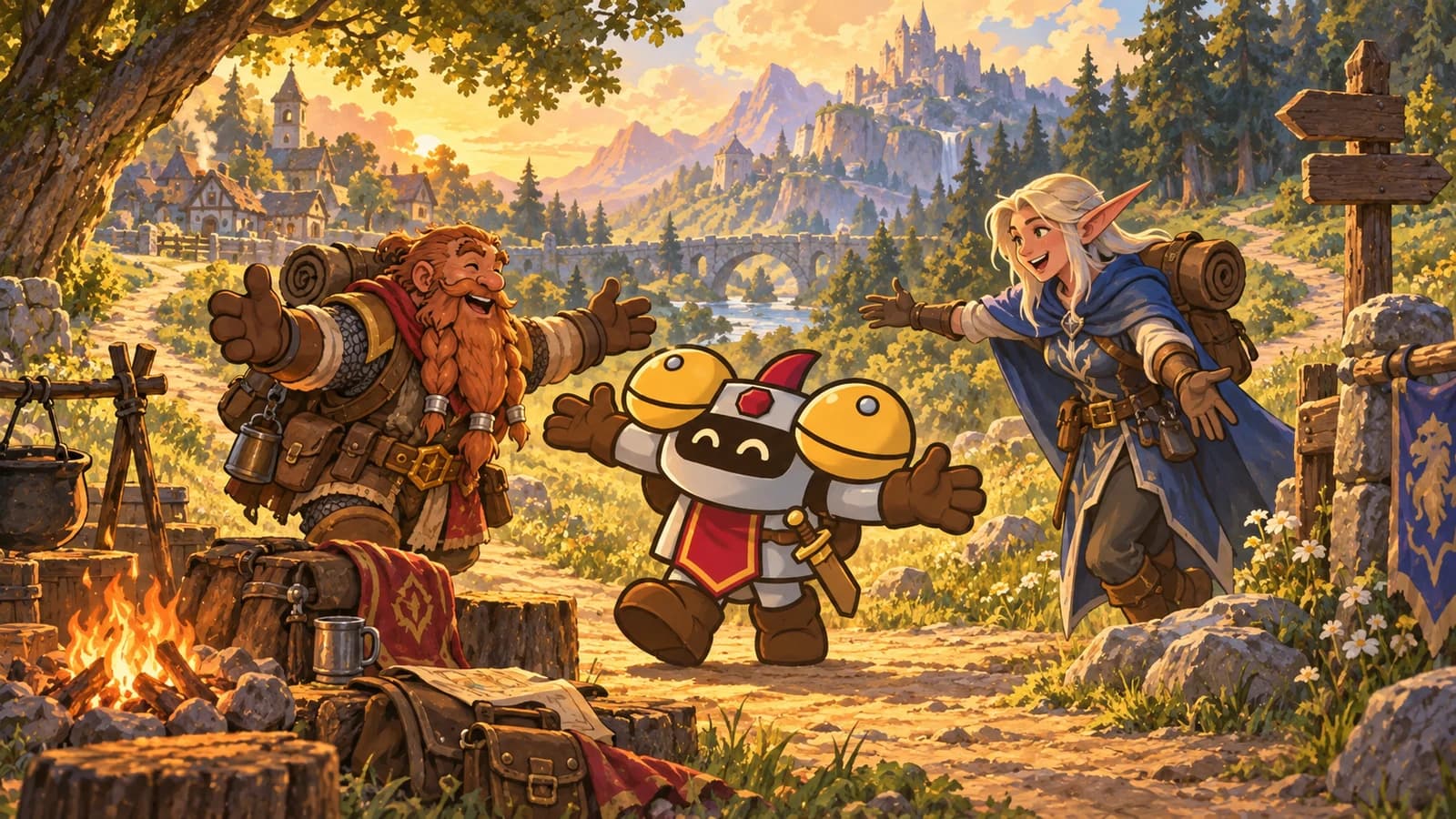 Dee greets a red-bearded dwarf and a blue-cloaked elf beside a roadside campfire, with village and woodland paths meeting behind them.