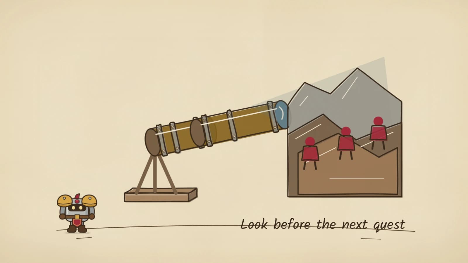 Hand-inked illustration of a brass telescope on a wooden tripod pointed at a cut-away quarry of grey peaks and brown layers, a pale beam falling across it and three small red figures standing on its slopes.
