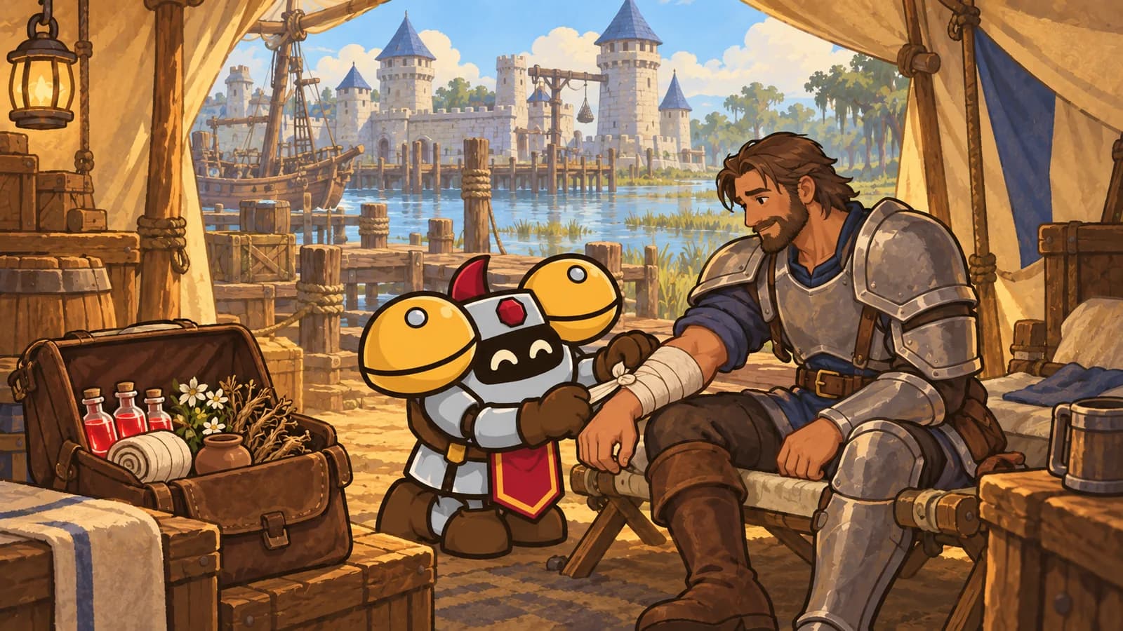 Dee the knight kneels at a medic tent on Theramore Isle, bandaging a soldier beside healing potion vials, herbs, a tourniquet and a poultice jar.
