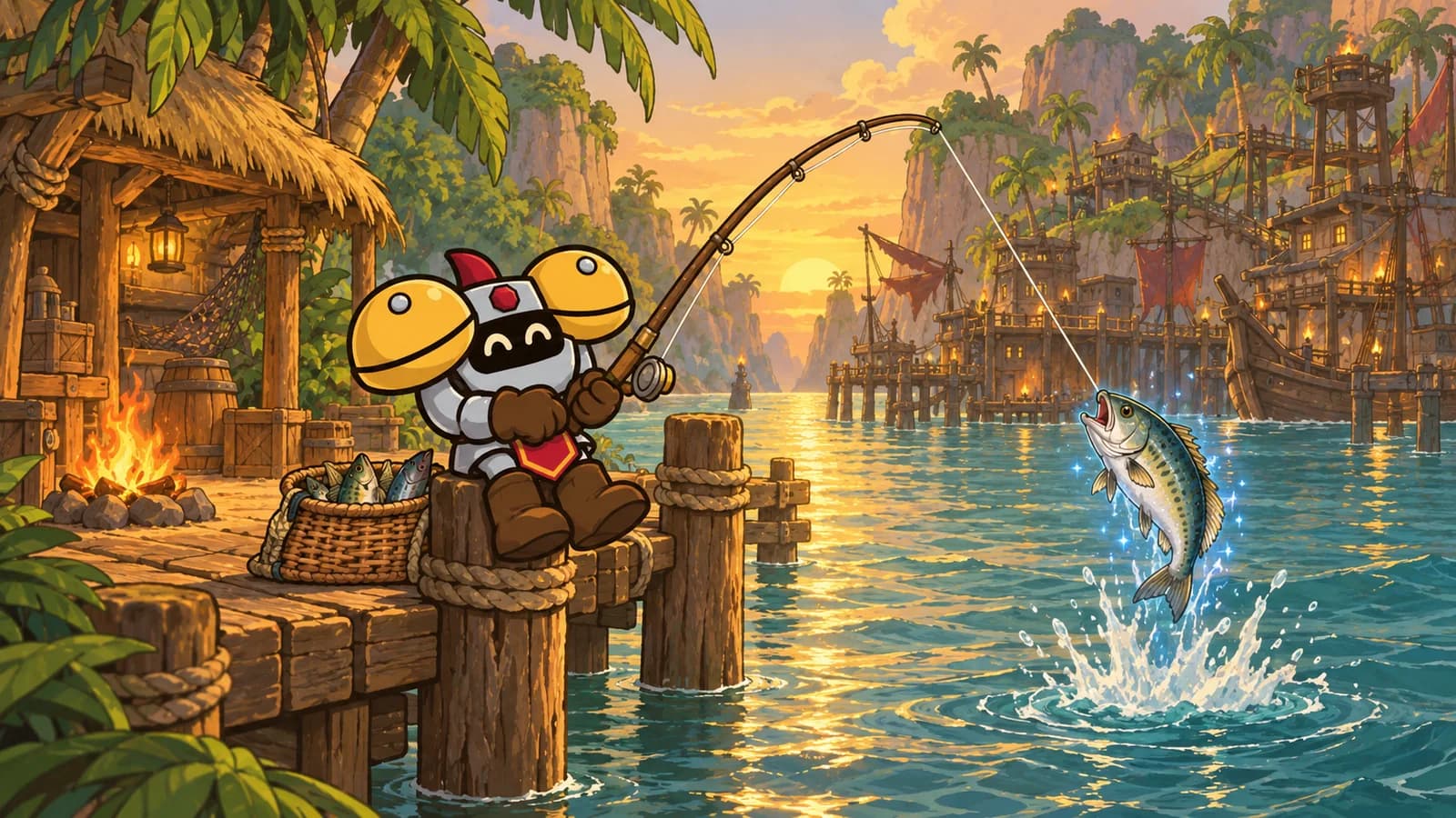 Dee on a Stranglethorn dock reels in a rare fish beside a glowing Fishing Hut as Booty Bay's piers show across the water.