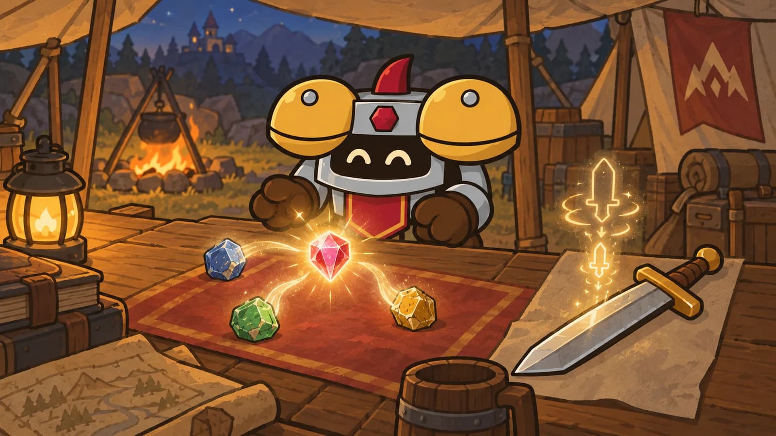Dee at a campsite table where a blue, green, and gold gem flow into one glowing gem beside a sword with a shrinking rune above it.