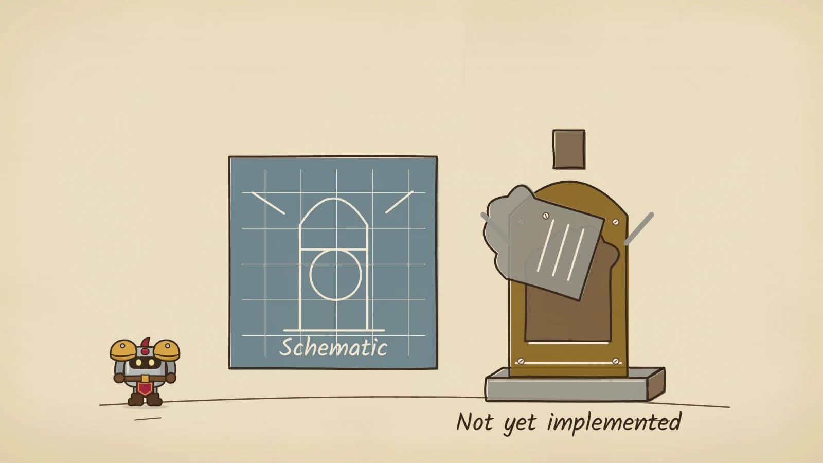 Hand-inked illustration of a blue engineering schematic beside a brass machine whose cloud-shaped hatch swings open on an empty interior, above the words Not yet implemented.