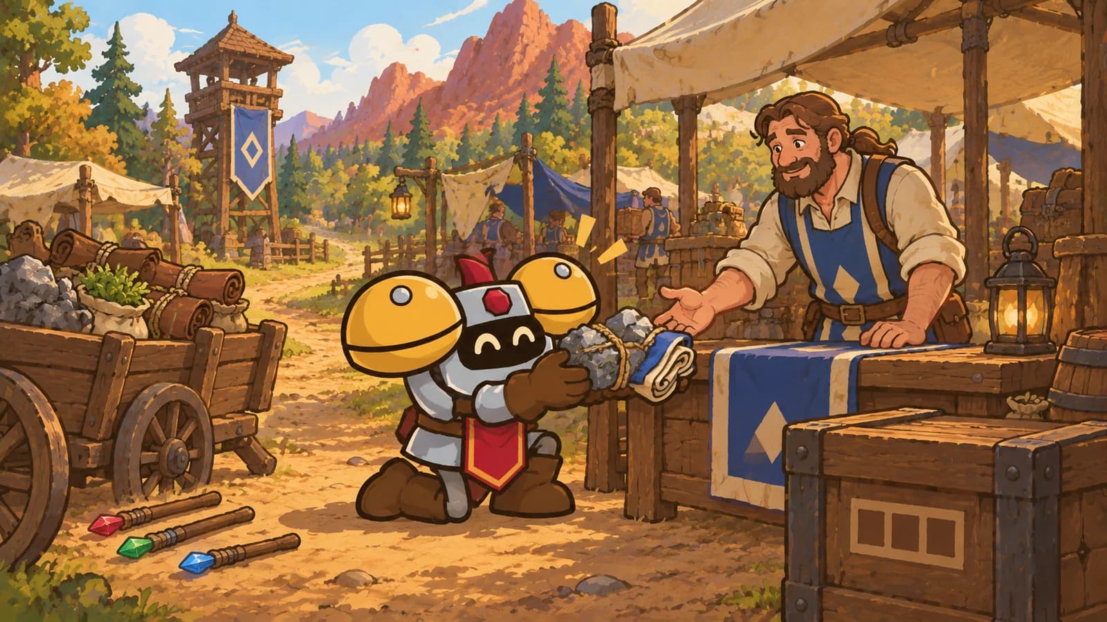 Dee kneels at the Three Corners trading camp in Redridge Mountains, handing ore and cloth to a quartermaster beside a stamped crate and a cart of herbs.