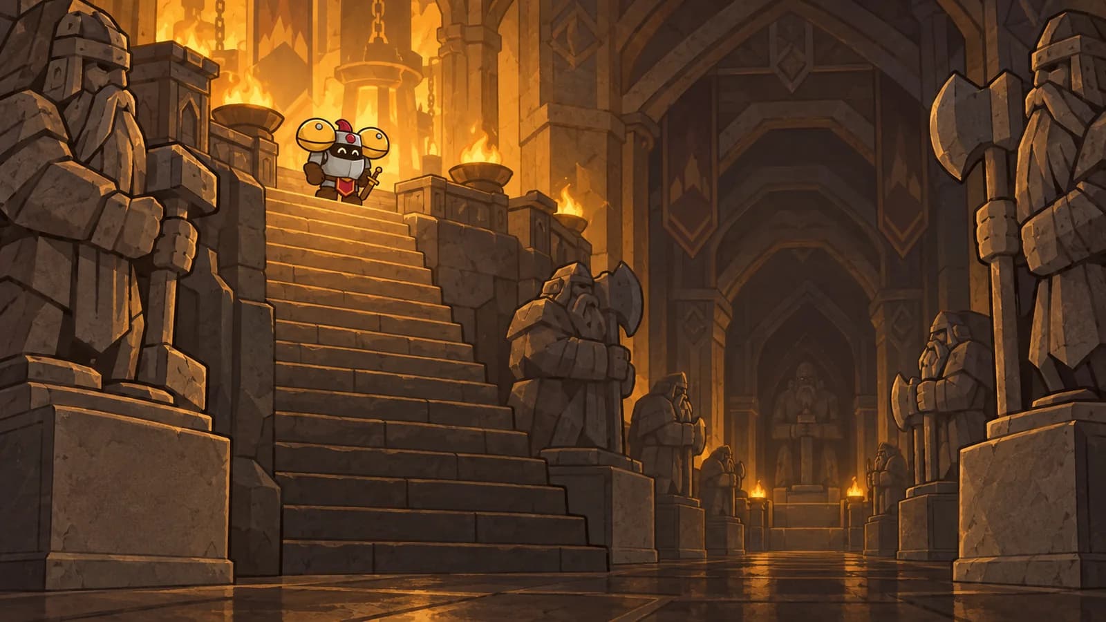 Dee walks down a stone stairway between large carved dwarf statues holding axes, forge light glowing above and a dim statue-lined hall below.