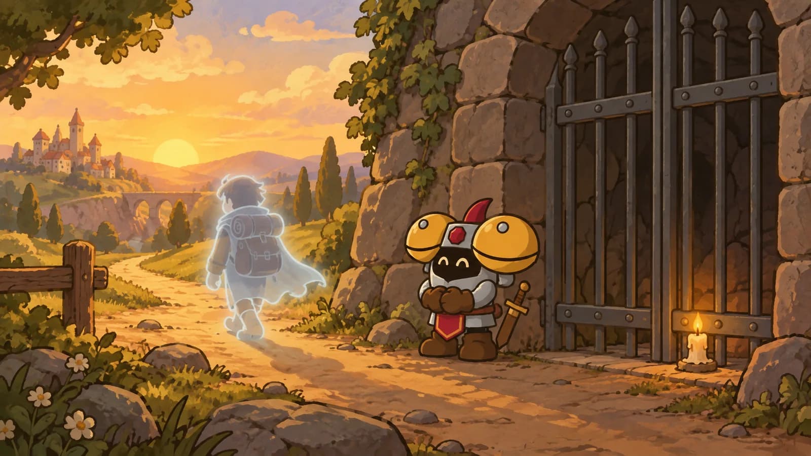 Dee stands by a locked iron gate and a lit candle at dusk, while a ghostly adventurer walks a sunlit road toward a distant castle.