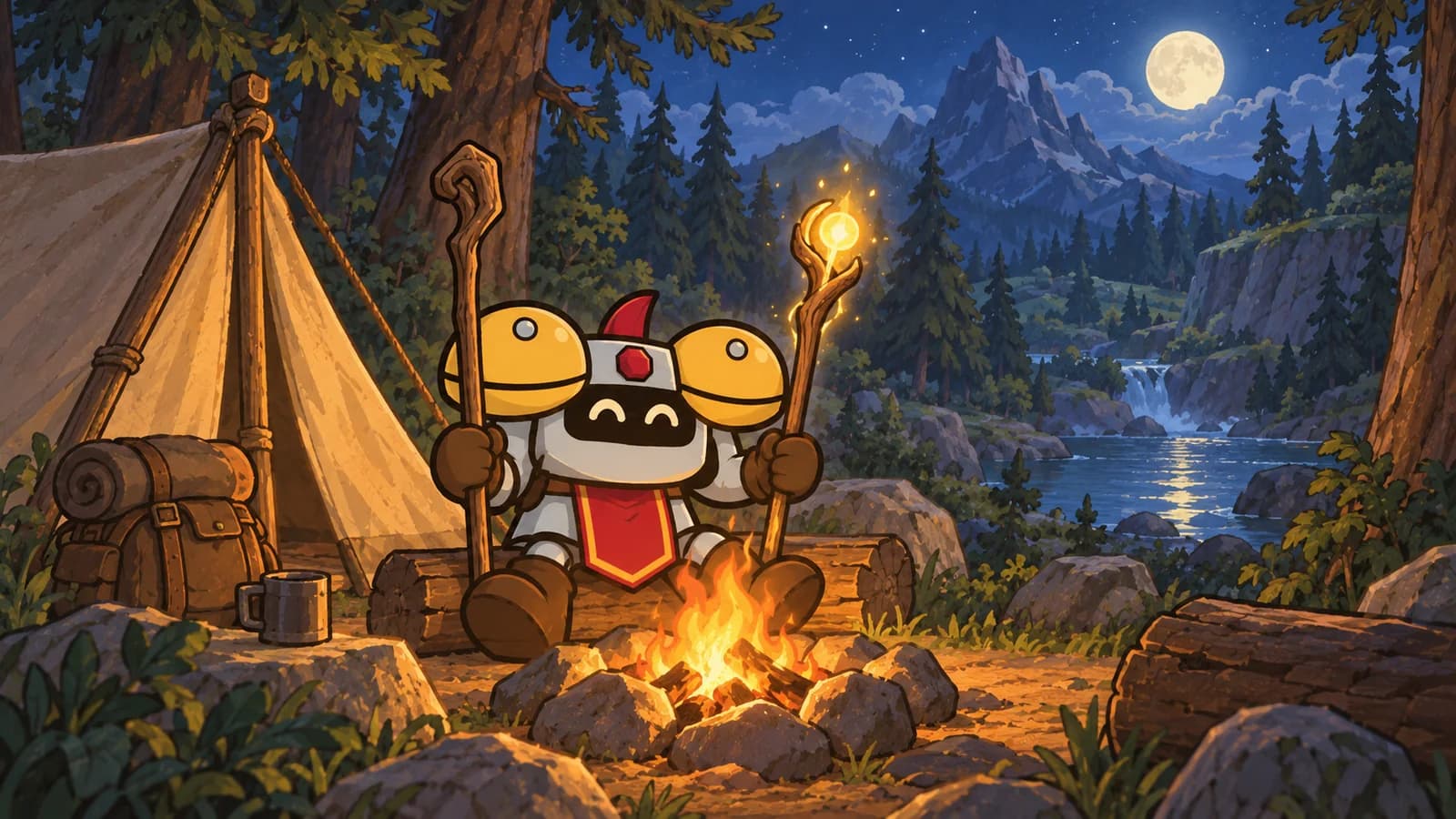Dee, an armored knight, compares two staves by a campfire at night, one glowing with gold healing light and a small spark of flame.