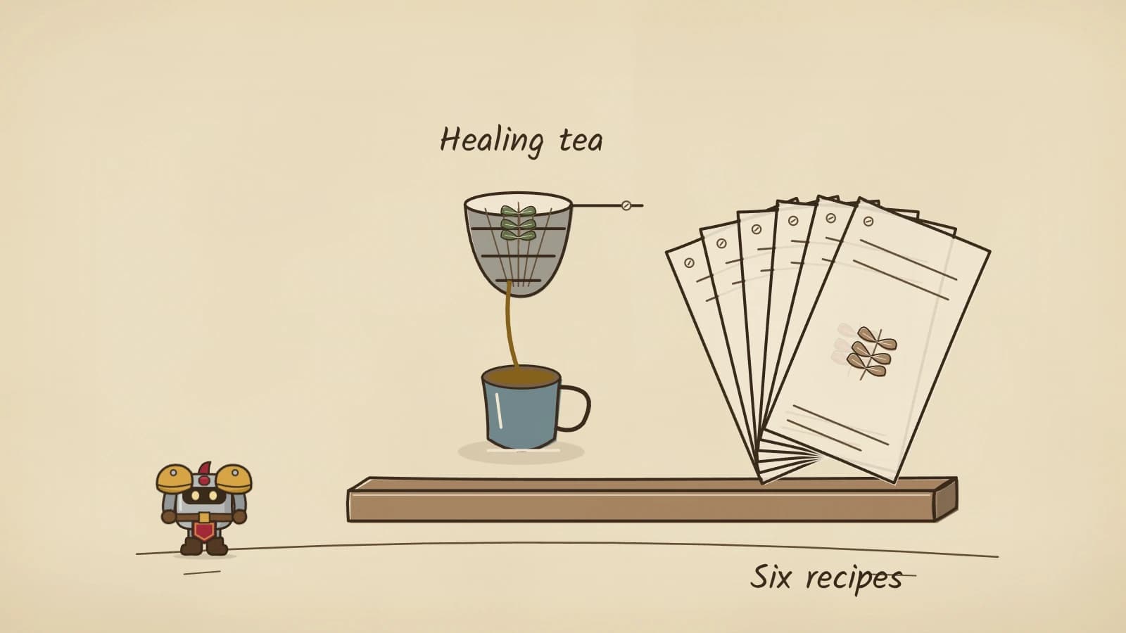 Hand-inked illustration of a mesh strainer with a leaf sprig held above a blue cup, a thin gold stream filling the cup, and six recipe cards fanned on the shelf beside it.