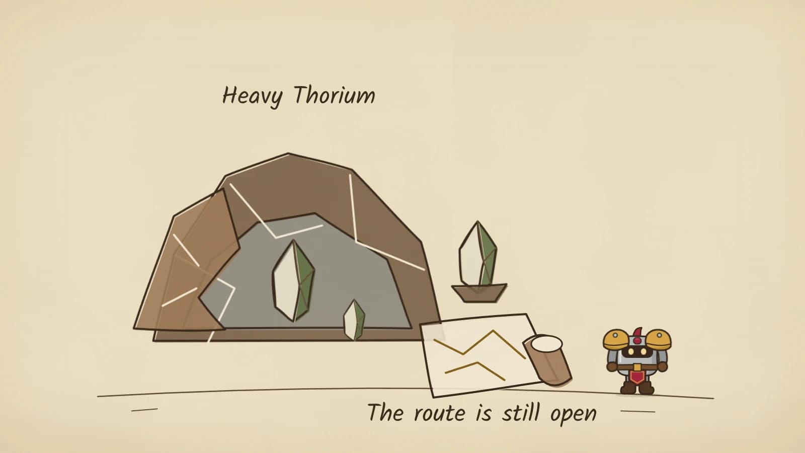 Hand-inked illustration of a rocky outcrop with green crystals in its grey core and a slab shifted aside, one crystal sample lifted out on a small tray, and a partly unrolled map at its foot beside Dee.
