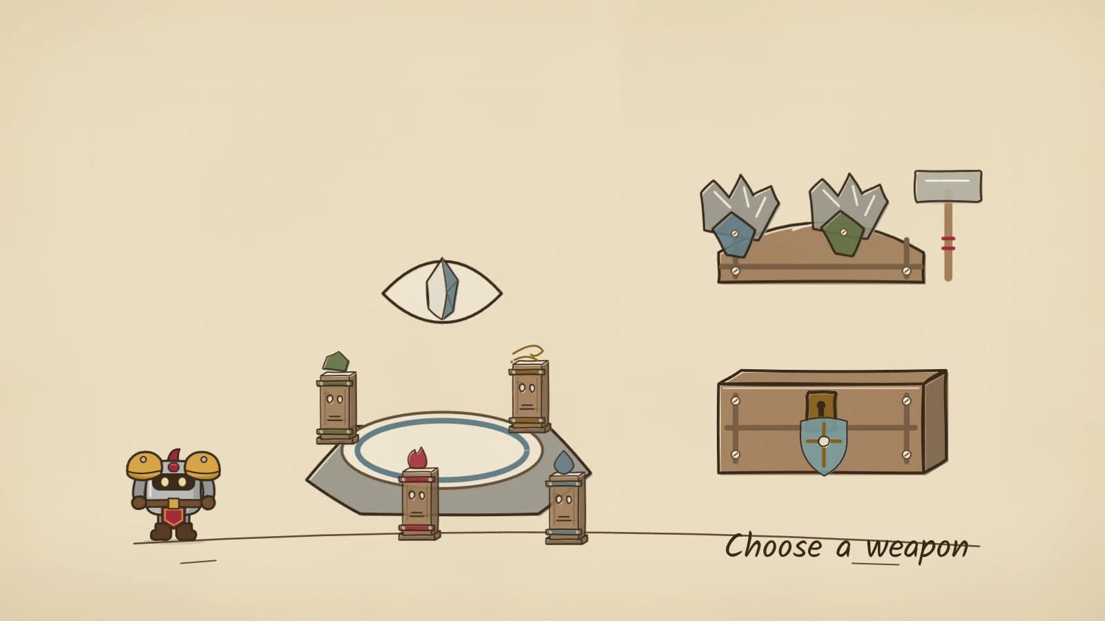 Hand-inked illustration of four small totems around a stone ritual ring with an eye-shaped relic floating above it, beside a chest whose lifted lid carries two fist weapons and a long-handled hammer, a shield propped against the chest and the words Choose a weapon.
