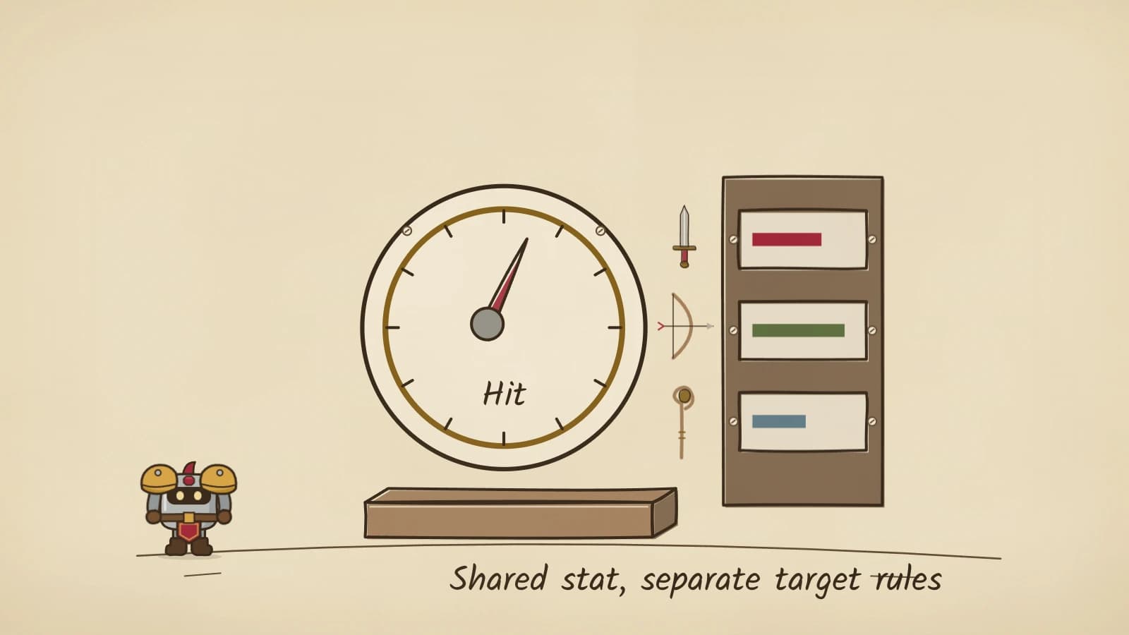 Hand-inked illustration of a round dial labelled Hit beside a wooden board of three unnumbered coloured bands, each next to a small sword, bow or staff.
