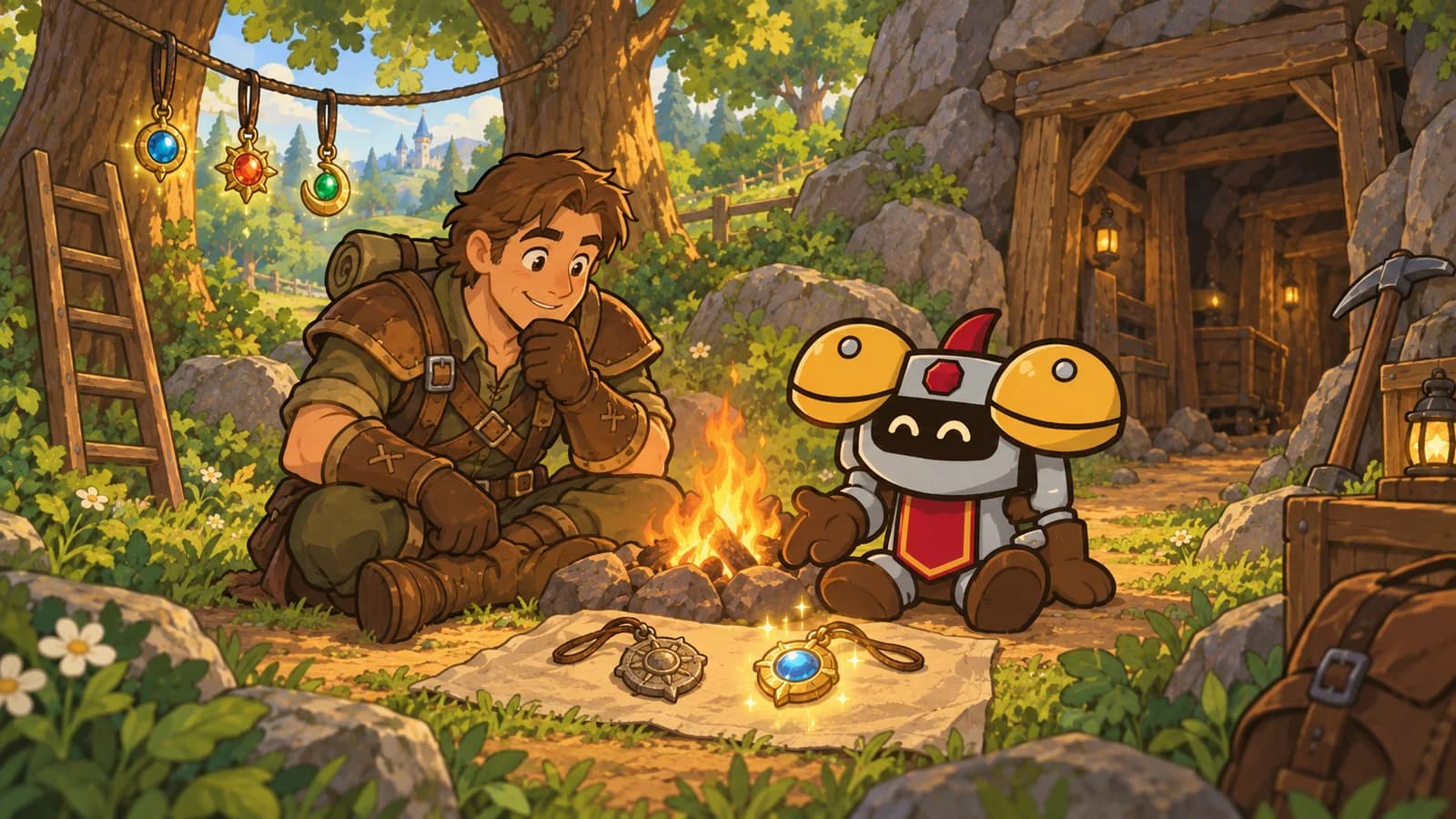 Dee and a human adventurer at an Elwynn Forest campfire near a kobold cave, comparing an old and a new glowing trinket.
